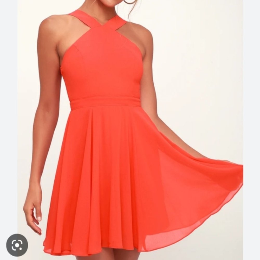 Lulus Forevermore Coral Red Skater Dress XS